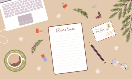 Christmas letter to Santa Claus. Winter holiday wish list. Notebook sheet page on desk. Top view workplace. Cozy vector illustration in flat cartoon styleのイラスト素材