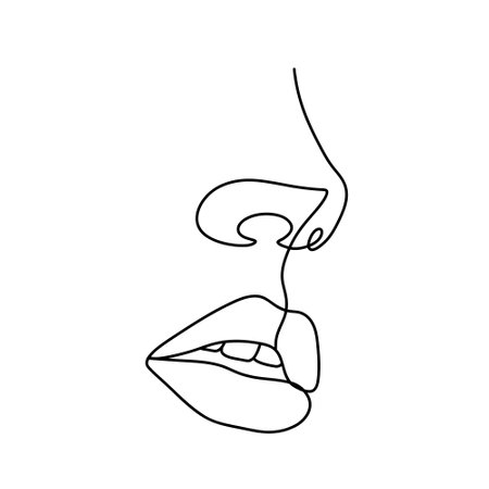 Linear woman lips. Permanent makeup and microblading. Mouth and nose icon on white background. Abstract minimalistic female portrait. Modern vector illustrationのイラスト素材