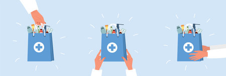Delivery pharmacy service. Human hands holding paper bag with drugs and pills. Online medicine concept. Set of vector illustrations in flat cartoon styleのイラスト素材