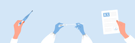 Medical examination concept. Hands holding thermometer, tube with sample, prescription. Laboratory analysis of biomaterial. Healthcare and treatment concept. Vector illustration in flat cartoon styleのイラスト素材
