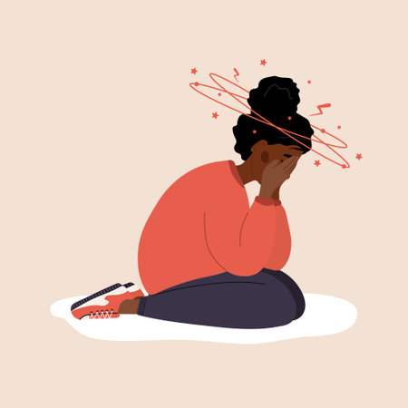 Iron deficiency anemia. Sad african woman with headache sitting on floor. Unhappy girl suffers from vertigo and needs medical help. Health protection concept. Vector illustration in cartoon styleのイラスト素材