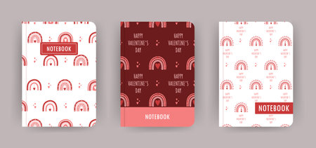 Cover page notebook collection. Templates with Valentines boho rainbows. Perfect for diary, books, magazines, journals, catalogs, planners and flyers. Vector layoutsのイラスト素材