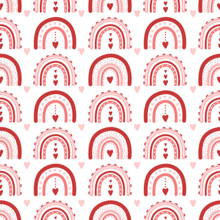 Valentines day seamless pattern with rainbows and hearts. Cute romantic background in boho style. Vector childish illustration for posters, textile, fabric, wrapping paperのイラスト素材