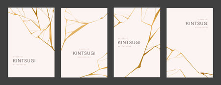 Set of gold kintsugi posters. Crack and broken effects. Marble texture. Luxury design for posters, wall art, wallpaper, wedding card, social media. Modern vector illustration. Japanese styleのイラスト素材