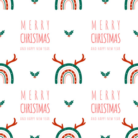 Christmas seamless pattern with rainbows and deer horns. Cute winter background in boho style. Vector childish illustration for posters, textile, fabric, wrapping paperのイラスト素材