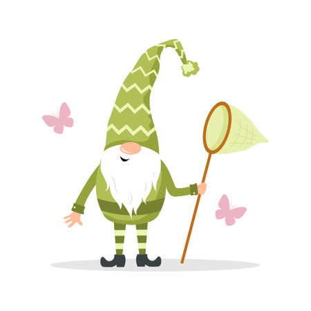 Spring gnome. Cute scandinavian dwarf with butterfly net. Holiday banner or card with little leprechaun. Hand drawn element. Vector illustration in flat cartoon styleのイラスト素材