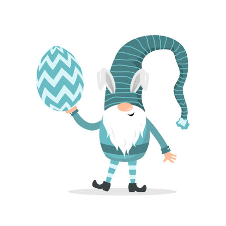 Easter gnome with rabbit ears. Cute scandinavian dwarf with Easter egg. Holiday banner or card with little leprechaun. Hand drawn spring element. Vector illustration in flat cartoon styleのイラスト素材