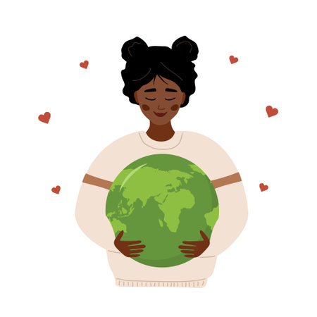 Happy Earth day. Smiling african girl holding Planet with care and love. Caring for Nature and environment. Concept of ecological awareness. Vector illustration in flat cartoon styleのイラスト素材