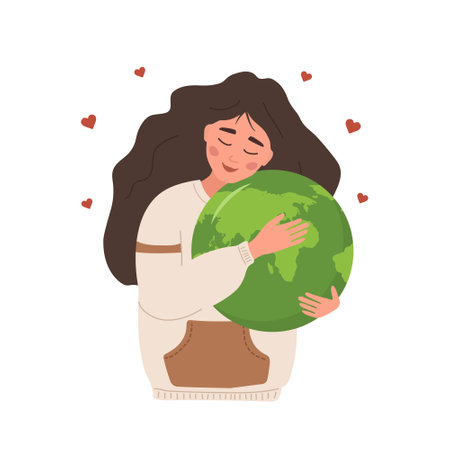 Mother Earth day. Smiling girl expresses love to planet. Caring for Nature. Ecology concept. Environmental problems. Vector illustration in flat cartoon style. Holiday postcardのイラスト素材