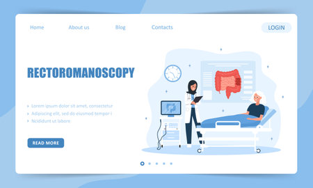 Rectoromanoscopy concept. Landing page template. Arabian female proctologist examine intestine. Elderly woman is being examined in hospital. Vector illustration in flat cartoon styleのイラスト素材