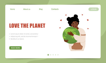 Love the planet landing page template. Cute african woman hugs Earth globe with care and love. Perfect for web design, business presentation and marketing. Vector illustrations in cartoon styleのイラスト素材