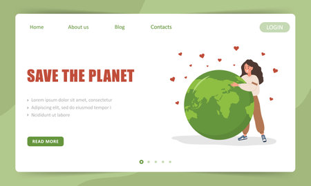 Save the planet landing page template. Cute woman next to green globe. Perfect for web design, business presentation and marketing. Vector illustration in flat cartoon styleのイラスト素材