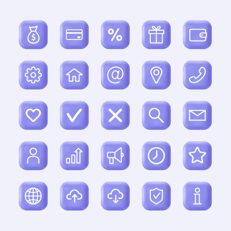 3d business and marketing icons. Set of financial symbols on realistic violet buttons. Modern infographic logos and pictograms. Vector flat illustrationのイラスト素材
