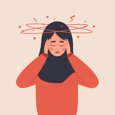 Anemia concept. Sad arabic woman with dizziness. Unhappy girl suffers from vertigo and headache and needs medical help. Lack of iron in immune system. Vector illustration in flat cartoon styleのイラスト素材