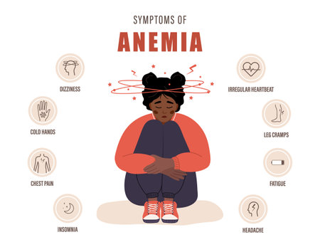 Symptoms of anemia. Unhappy african girl suffers from vertigo. Headache, fatigue and chest pain. Medical infographic of blood disease. Health protection concept. Vector illustration in cartoon styleのイラスト素材