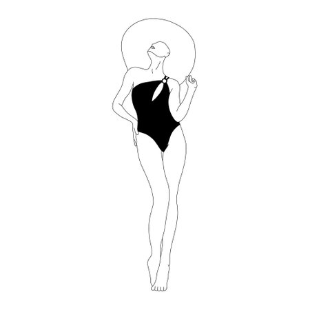 Linear woman in straw hat. Abstract female silhouette in black swimsuit. One line drawing. Modern vector illustration in line art styleのイラスト素材