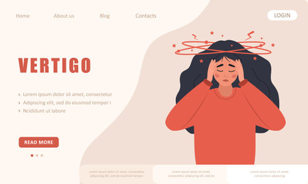 Vertigo concept. Landing page template. Sad woman with dizziness. Unhappy girl suffers from headache. Lack of iron in immune system. Vector illustration in flat cartoon styleのイラスト素材