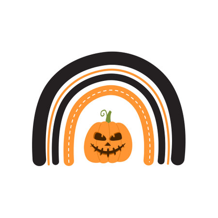 Halloween rainbow with pumpkin. Cute hand drawn icon for celebrating spooky night. Vector illustration in flat cartoon style. Design for poster, card or bannerのイラスト素材