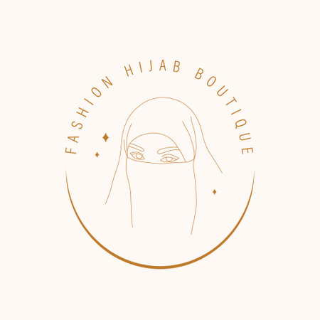 Fashion hijab boutique. Vector logotype design for wear store. Linear muslim woman in niqab. Minimalistic trendy illustrationのイラスト素材