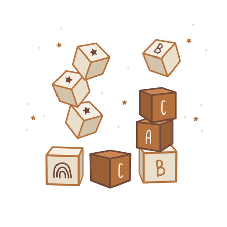 Boho baby wooden alphabet cubes. Hand drawn scandinavian element for newborn isolated on white background. Vector illustration in flat cartoon styleのイラスト素材