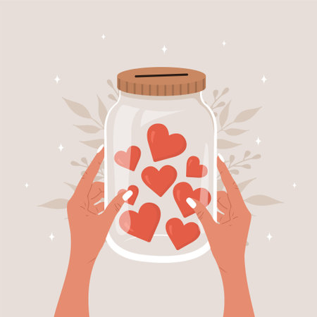 Donation glass jar. Female hands holding bottle with red hearts. Give and share your love. Support and hope for homeless and poor people. Vector illustration in cartoon styleのイラスト素材