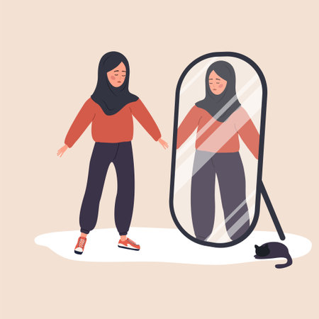 Eating disorder. Slim arabian woman looking herself fat in mirror and feel insecure human. Rejection of yourself. Bulimia or anorexia. Girl with mental problems. Vector illustration in cartoon styleのイラスト素材