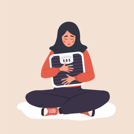 Eating disorder. Sad arabian girl hugs weight scales and worries about being overweight. Food addiction. Bulimia or anorexia concept. Vector illustration in flat cartoon styleのイラスト素材