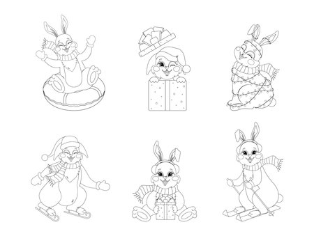 Set of cute bunnies for coloring book. Christmas rabbits with garland, gifts, ski. Black and white coloring pages. Isolated vector outline illustration. Children educationのイラスト素材