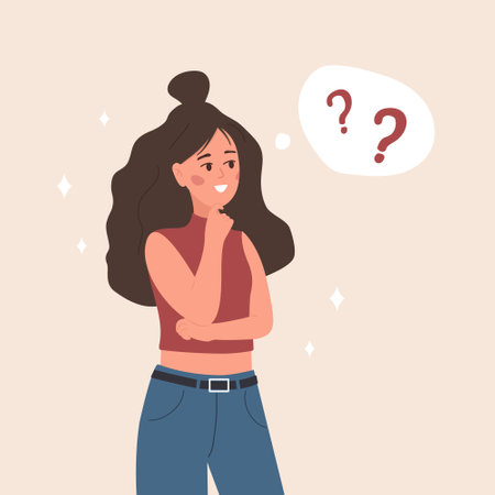 Young woman in doubt. Smart girl having questions. Problem solving. Vector illustration in flat cartoon styleのイラスト素材
