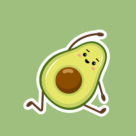 Cute kawaii avocado sticker. Doodle fruit on green background. Trendy decor for notebook or diary. Hand drawn vector illustration in flat cartoon styleのイラスト素材