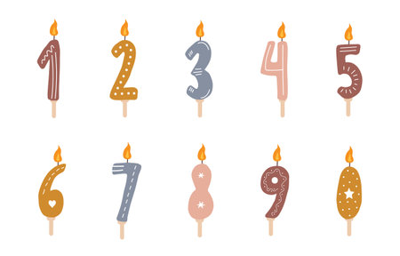 Birthday numbers candles with burning flames. Cute boho elements for celebration. Vector illustration in flat cartoon styleのイラスト素材