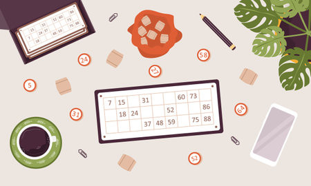 Lotto board game. Tickets and wooden barrels with number. Top view. Family home activities and hobbies. Vector illustration in flat cartoon styleのイラスト素材
