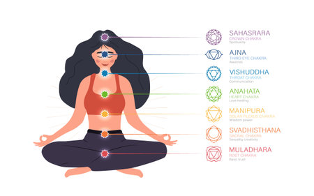 Seven chakras system of human body. Ayurveda, Buddhism and Hinduism. Alternative medicine. Infographic with meditating woman with all energy centers. Indian culture. Vector illustration in flat styleのイラスト素材