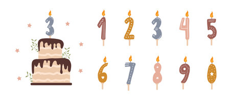 Birthday numbers candles with burning flames. Cute boho elements for celebration. Chocolate cake for anniversary. Vector illustration in flat cartoon styleのイラスト素材