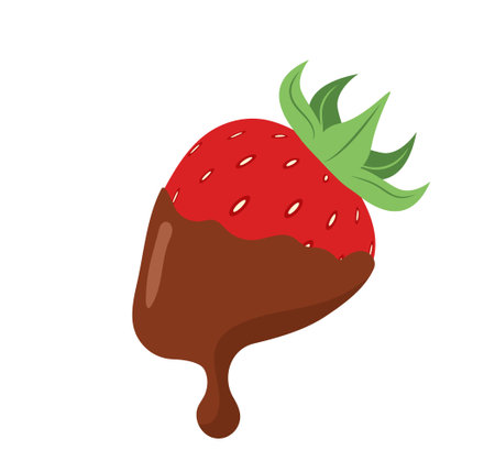Strawberry in dark chocolate. Sweet dessert for Valentines day. Vector illustration in flat cartoon styleのイラスト素材