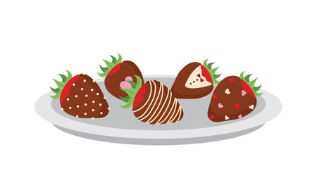 Strawberries in milk chocolate on plate. Sweet dessert for Valentines day. Vector illustration in flat cartoon styleのイラスト素材