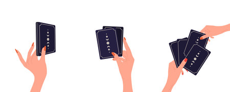 Hands holding tarot cards with boho moon. Female fortune teller predicting future. Magic and esoteric. Set of vector illustrations in flat cartoon styleのイラスト素材