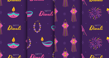 Diwali pattern set. Cute backgrounds for hindu holiday. Indian festival of lights. Vector illustration in flat cartoon style. Perfect for fabric, package paper, wallpaper, greeting cardsのイラスト素材