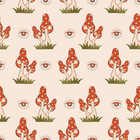 Seamless pattern with groovy mushrooms. Abstract vintage agaric. Hippie vector illustration in flat cartoon style. Psychedelic backgroundのイラスト素材