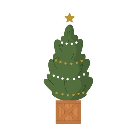 Christmas tree in wooden box. Holiday green pine with garland and star in pot. Cozy home decoration on white background. Vector illustration in flat cartoon styleのイラスト素材