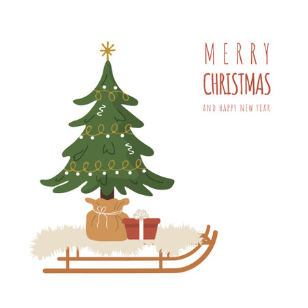 Christmas tree in pot from craft paper. Holiday green fir with garland and star on wooden sledge. Cozy home decoration on white background. Vector illustration in flat cartoon styleのイラスト素材