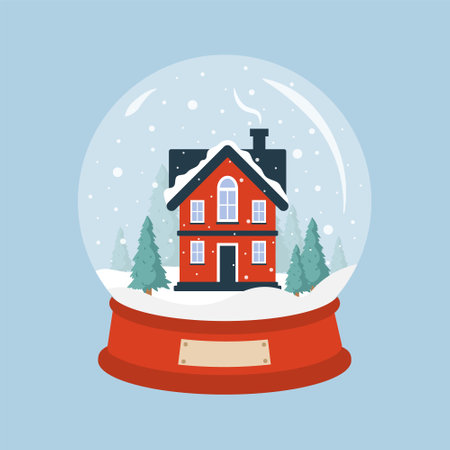 Glass snow globe with cozy house. Christmas decorative ball with winter landscape. Holiday snowball with snowflakes isolated on blue background. Vector illustration in flat cartoon styleのイラスト素材