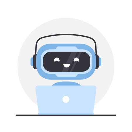 Robot chatbot with laptop. AI business assistant. Online customer support and FAQ. Artificial intelligence technology. Help desk platform. Vector illustration in flat cartoon styleのイラスト素材