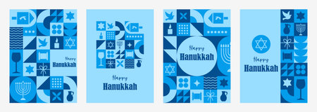 Set of Happy Hanukkah postcards. Modern neo geometric backgrounds. Vector illustration in bauhaus minimalist style. Composition of simple traditional jewish icons. Cards with Menorah, Dreidelのイラスト素材