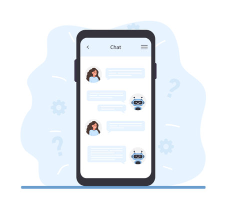 Chatbot concept. Woman chatting with robot on smartphone screen. AI business assistant. Online customer support and FAQ. Artificial intelligence technology. Vector illustration in flat cartoon styleのイラスト素材