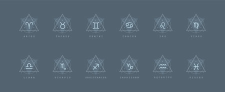 Set of astrological zodiac sign. Horoscope icons in boho minimalist style. Mystic vector illustration. Spiritual tarot card. Hand drawn magic vintage logosのイラスト素材