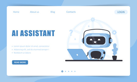 AI assistant. Landing page template. Chatbot service. Online customer support and FAQ. Artificial intelligence. Vector illustration in flat cartoon styleのイラスト素材