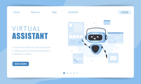 Virtual assistant. Landing page template. Chatbot character. Online customer support. Artificial intelligence. Vector illustration in flat cartoon styleのイラスト素材