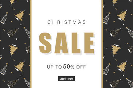 Christmas sale banner template. Advertising background with christmas trees. Promotion poster with button Shop Now. Discount 50. Vector illustration in flat cartoon styleのイラスト素材