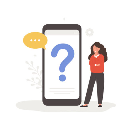 FAQ concept. Woman with question mark on mobile phone screen. Customer support and online help service. Frequently asked questions. Vector illustration in flat cartoon styleのイラスト素材